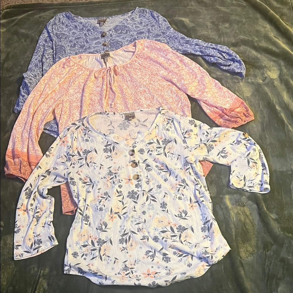 Lot of 3 Como Vintage Floral and Patterned Blouses - Blue, Pink, Multi-Color, L
